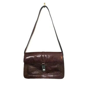 Vintage Fossil Brown Genuine Leather Flap Shoulder Bag Y2K 90s Key Charm